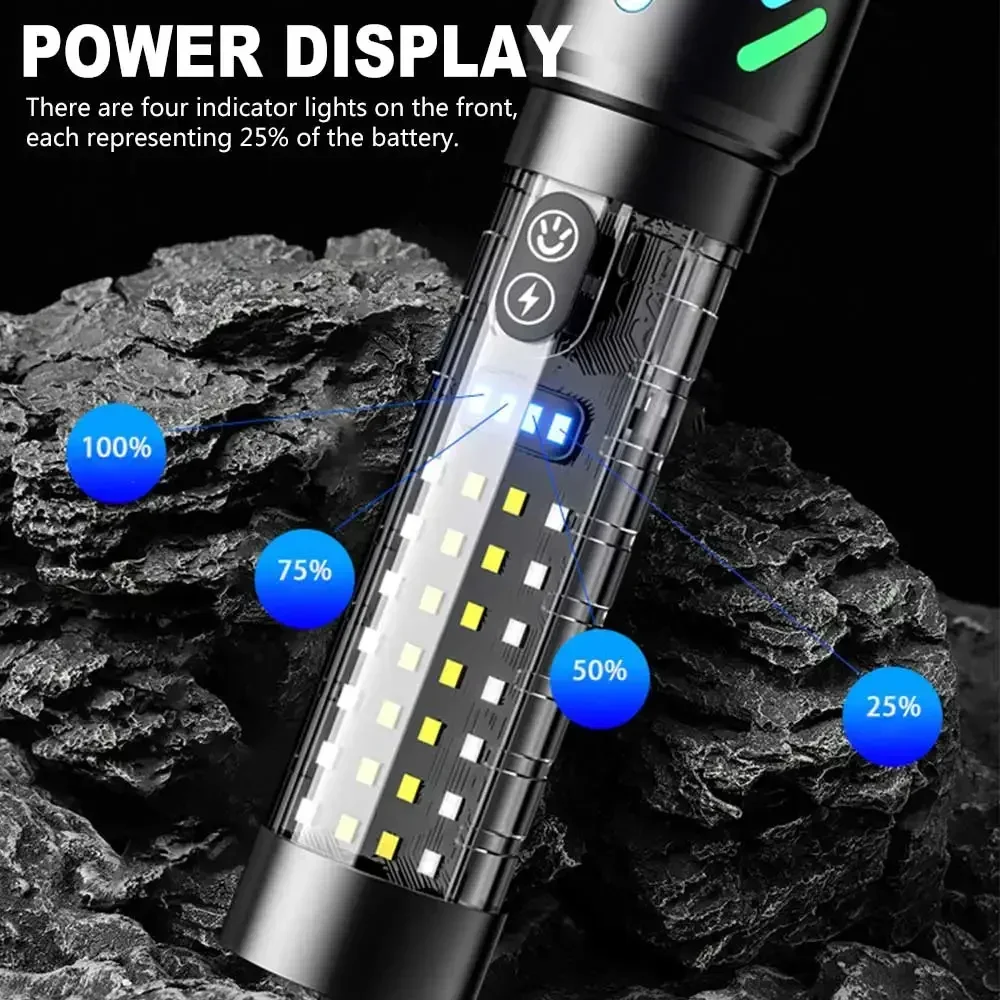 Ultra Bright LED Flashlight with Fluorescent Strip Rechargeable Aluminum Alloy White Laser Torch Portable Lighting Work Lamp