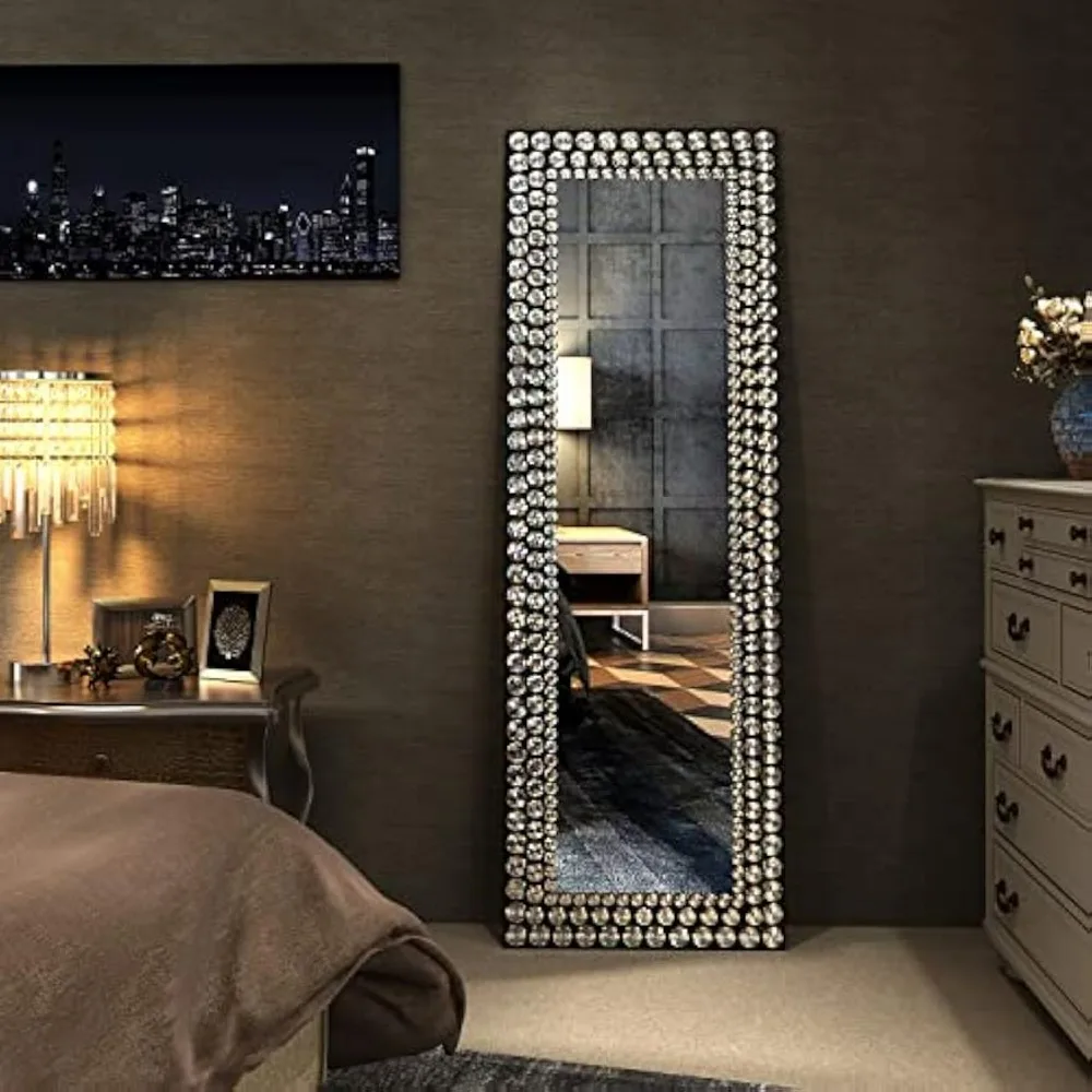 

Full Length Mirror - Jeweled Floor Mirror Accented Crystal Metal Frame, Wall-Mounted Or Standing Full Body Mirrors