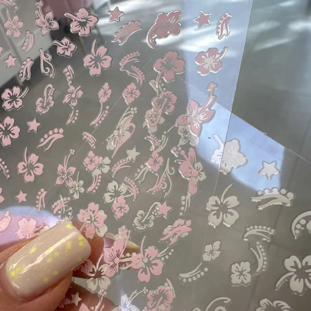 2 Lenzuola 3D Fiori di Ibisco Adesivo per unghie Rosa Bianco Y2k Autoadesiva Ibisco Floreale Unghie artistiche Forniture Decalcomania Manicure FAI DA TE Decor
