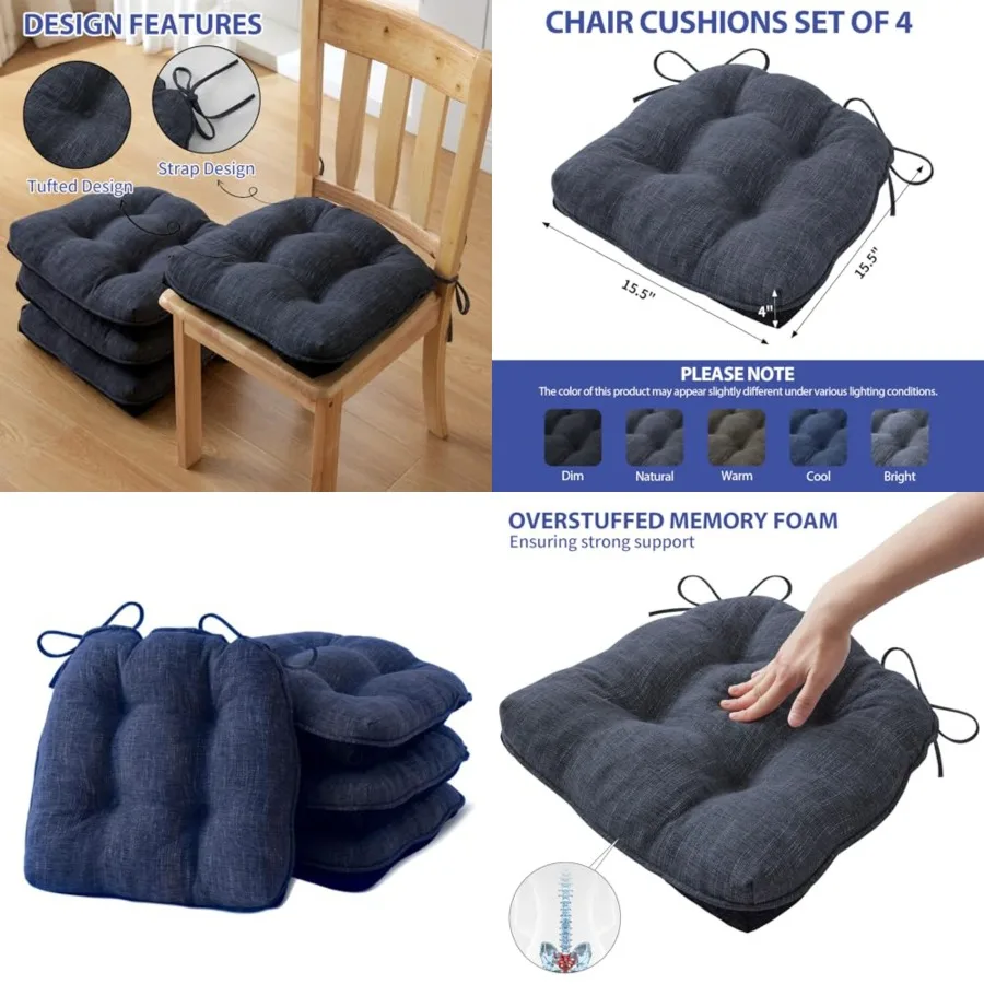 

Chair Cushions for Dining Chairs Set of, Kitchen Chair Cushions, with Ties and Non Slip Backing, Tufted Memory Foam Seat Cushio