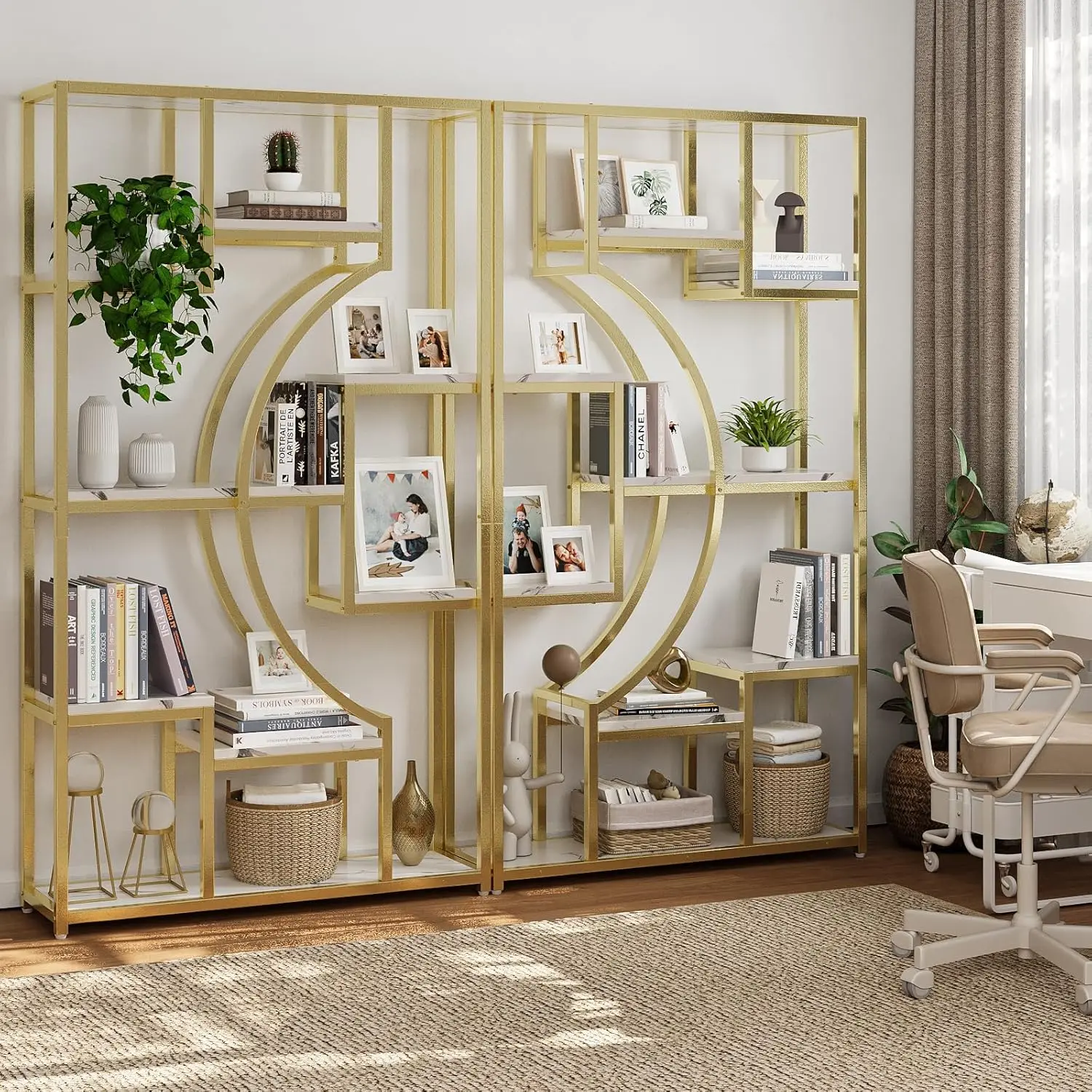 مجموعة أرفف كتب Etagere باللونين الأبيض والذهبي الحديث مقاس 70.8 بوصة مكونة من رفين بإطار معدني هندسي لغرفة المعيشة والمكتب المنزلي #1