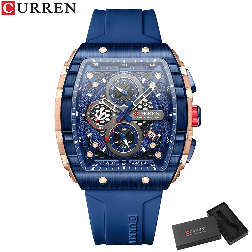 CURREN Neue rechteckige Silikonbänder Quarz-Armbanduhren Herrenuhren mit automatischem Datum, lässige Chronographenuhr für Herren