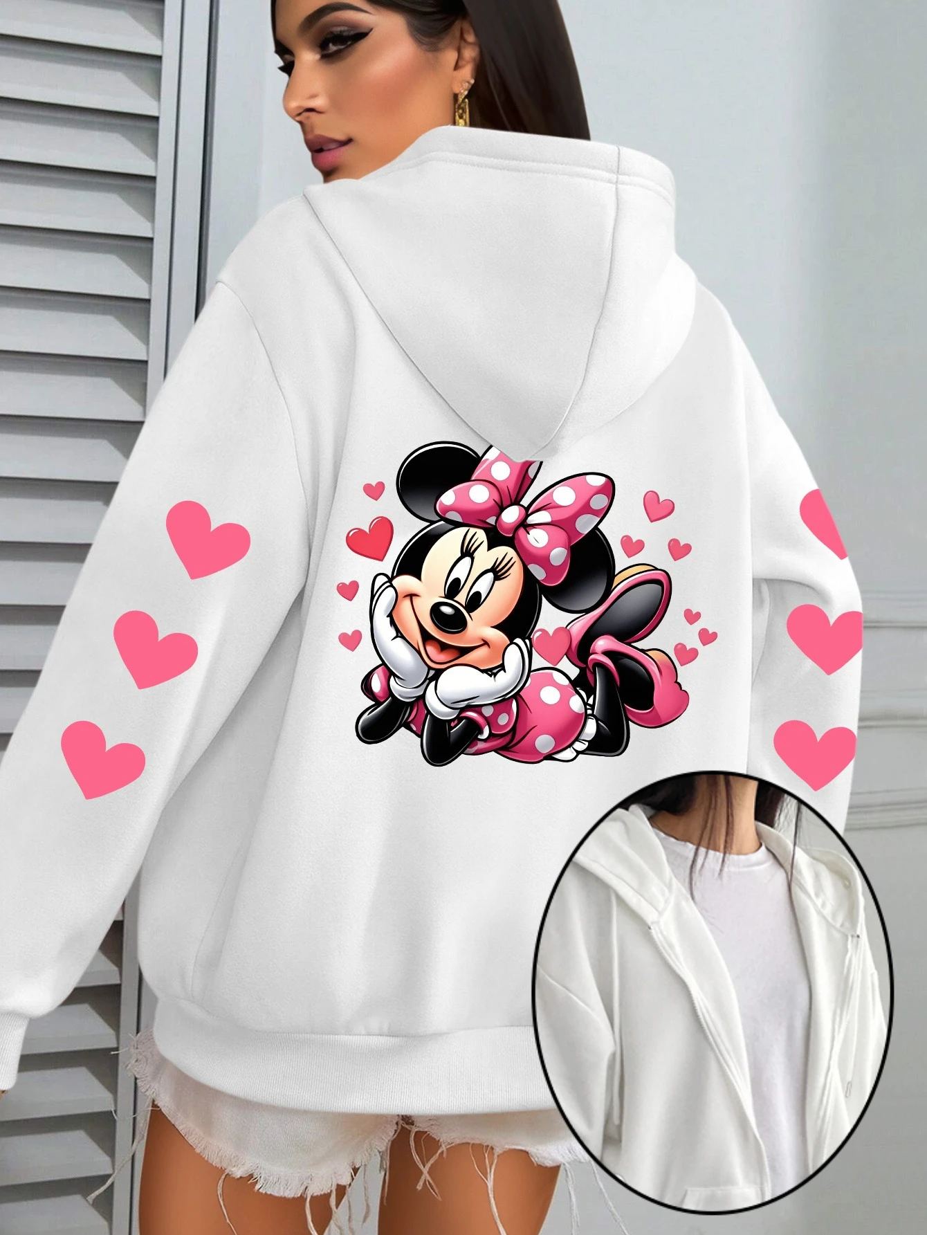 

Disney Minnie Mouse Heart Zipper Hoodies Fleece Sweatshirt Fleece Women's Men Cotton Autumn Winter Pullover Oversized Coats