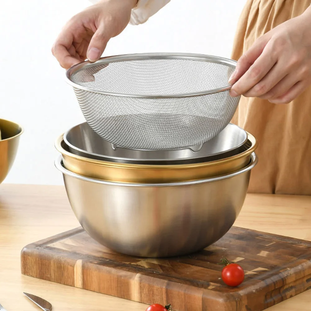 Bowl Strainer Colander Washing Rice Basket Kitchen Stainless Steel Salad Spaghetti Pasta Fruit Draining Rinsing Mixing Mesh Set