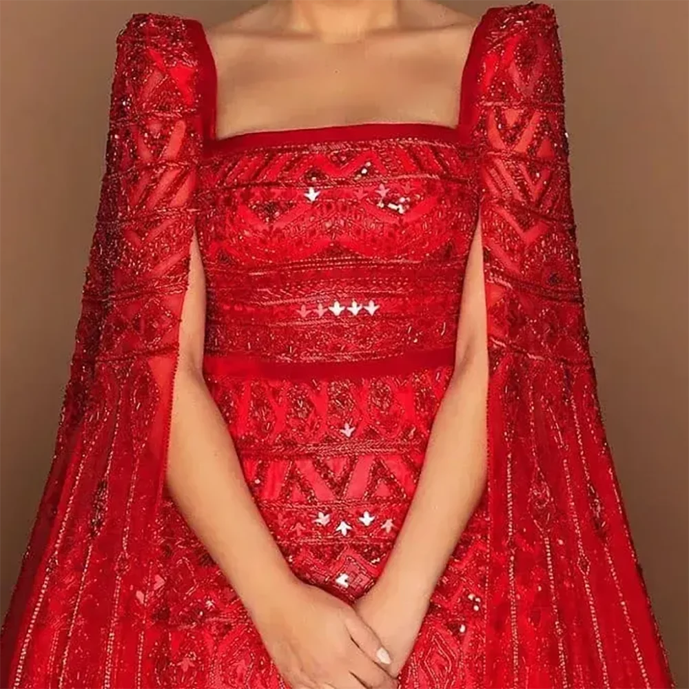 Luxury Red Square Collar Beading Squined Pleat A-Line Formal Evening Dresses Birthday Party Prom Gowns Customized