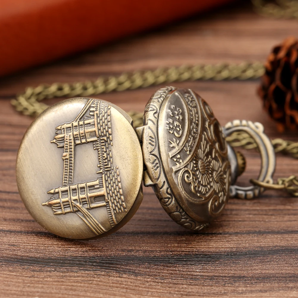 Tiny Cute London Bridge Retro Necklace Pendant Watch Children Men Women Quartz Analog Arabic Numerals Dial Pocket Timepiece