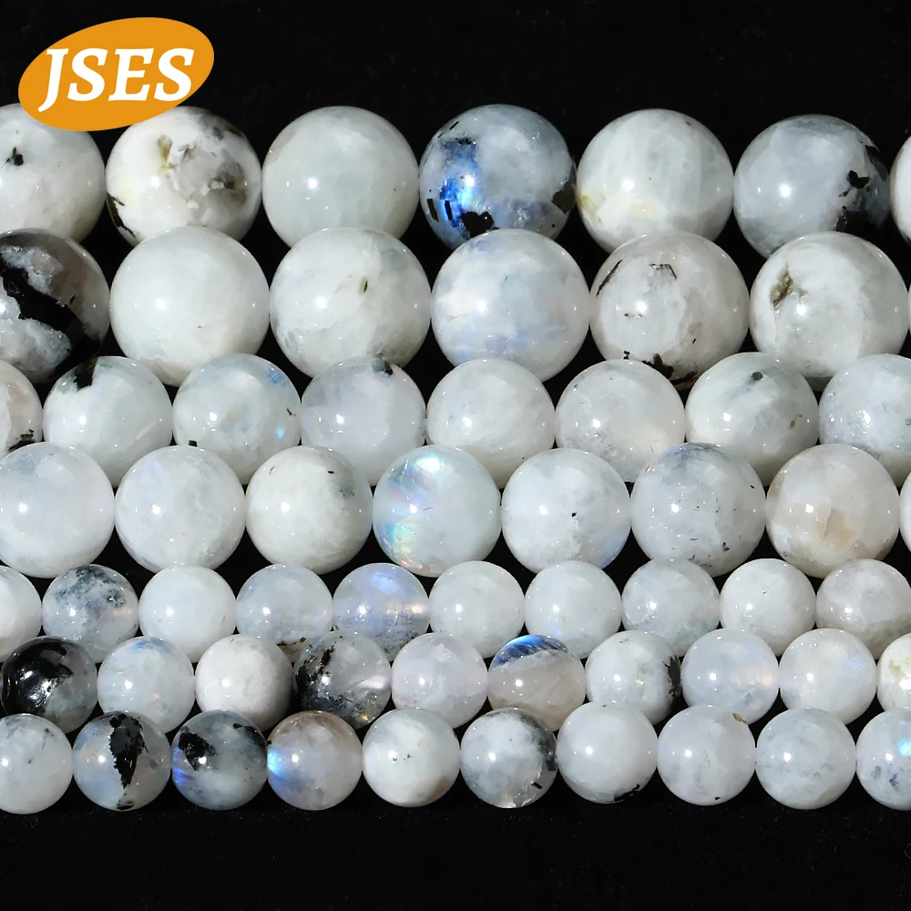 JSES Natural Indian Moonstone Black Spot Beads 6/8/10mm Round Gemstone Loose Spacer Beads For Jewelry Making DIY Bracelets 15