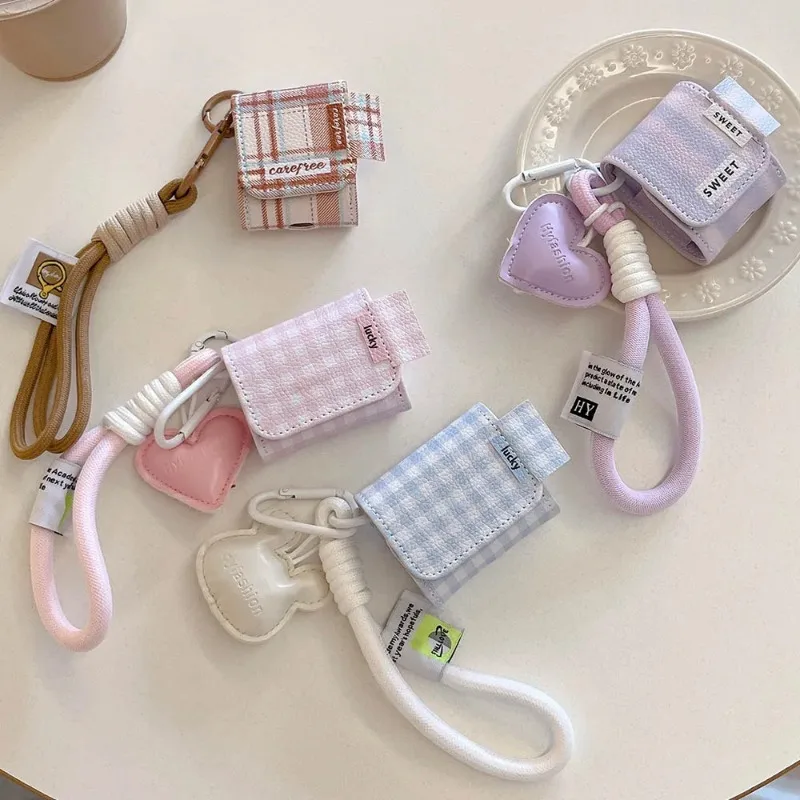 INS Leather Lattice Love Heart Pendant Wrist Strap Case For Apple AirPods 4 Pro 2 Earphone Bag Cover For AirPod 1 2 3 Cases