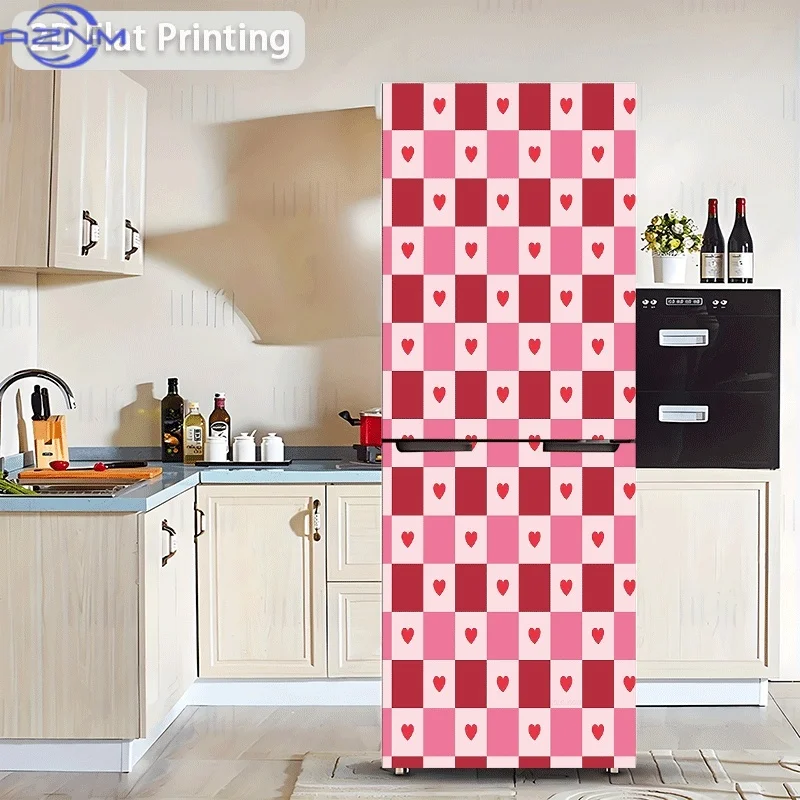 of Refrigerator Sticker Measuring 60X180 Cm with a Pink Checkered Heart Pattern Background, Suitable for Cabinet And Wardrobe