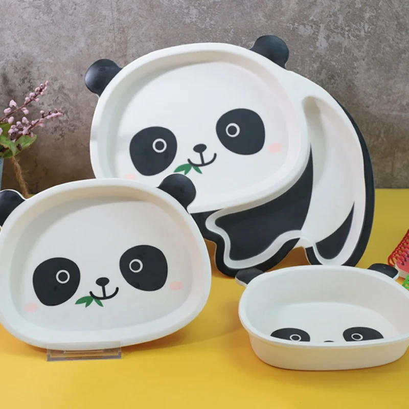 Cute Bamboo Fiber Children's Tableware Cartoon Panda Food Plate Kids Dish Bowl Baby Compartment Dinner Plate Spoon Dinnerware