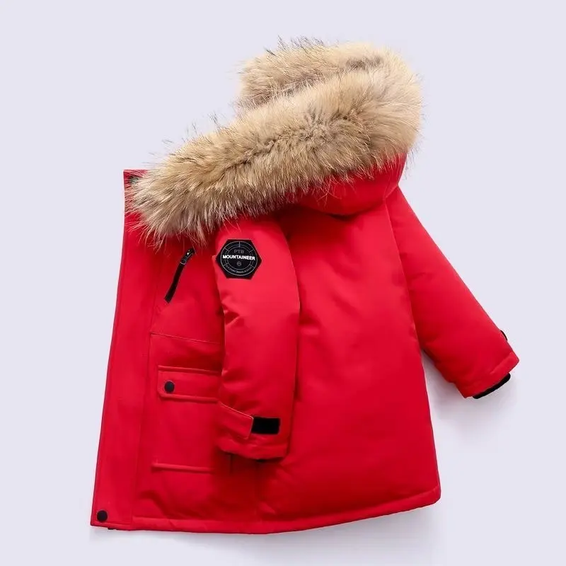 New -30 Boys Faux Fur hooded  Down Jacket winter Thick Warm Outerwear Boys Kids Parka  Winter snowsuit Teenage 10 12 14 years