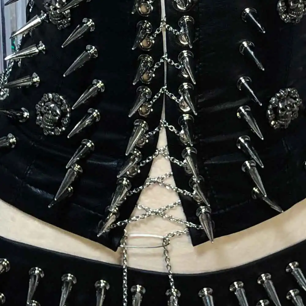 

Винтажные топы в стиле кавай, панк-рок, с заклепками, DIY, Y2K, из веганской кожи, киберготика, для эмос, гранж, харяку, для подростков, готика, ручная работа, 90-е, эко