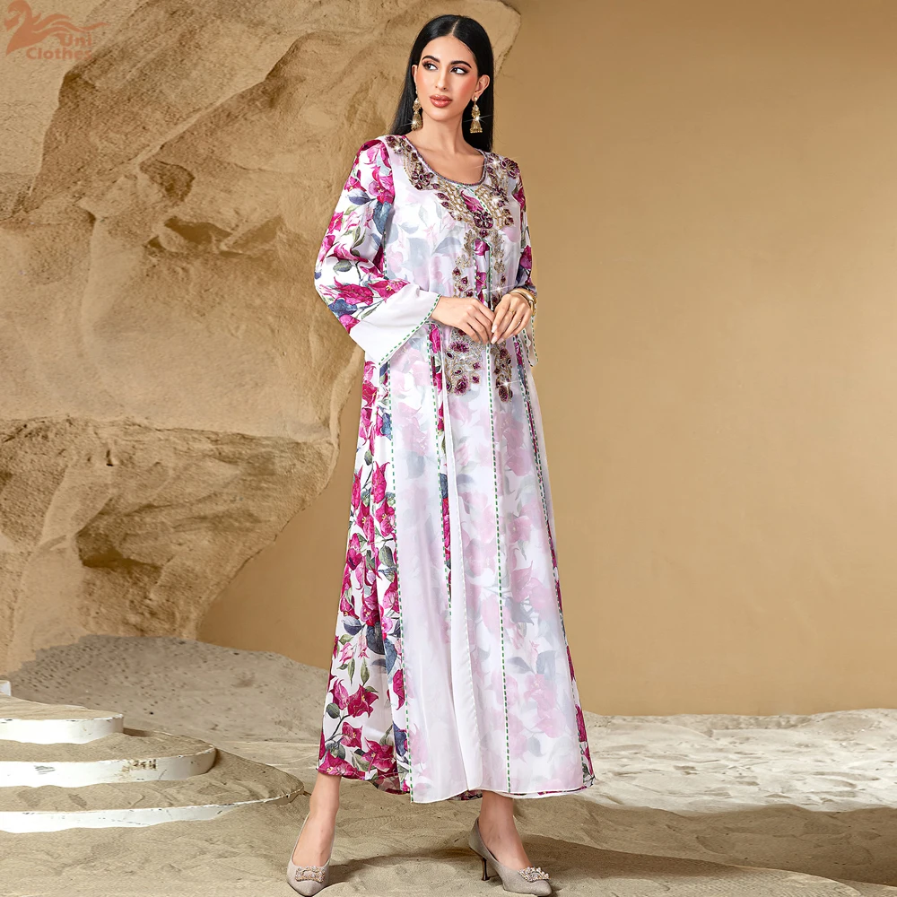 

Uni Modest Latest Abaya Turkish Arabic Dubai Abaya Robe Flower Pattern Rhinestone Closed Abaya Classy Design 2025
