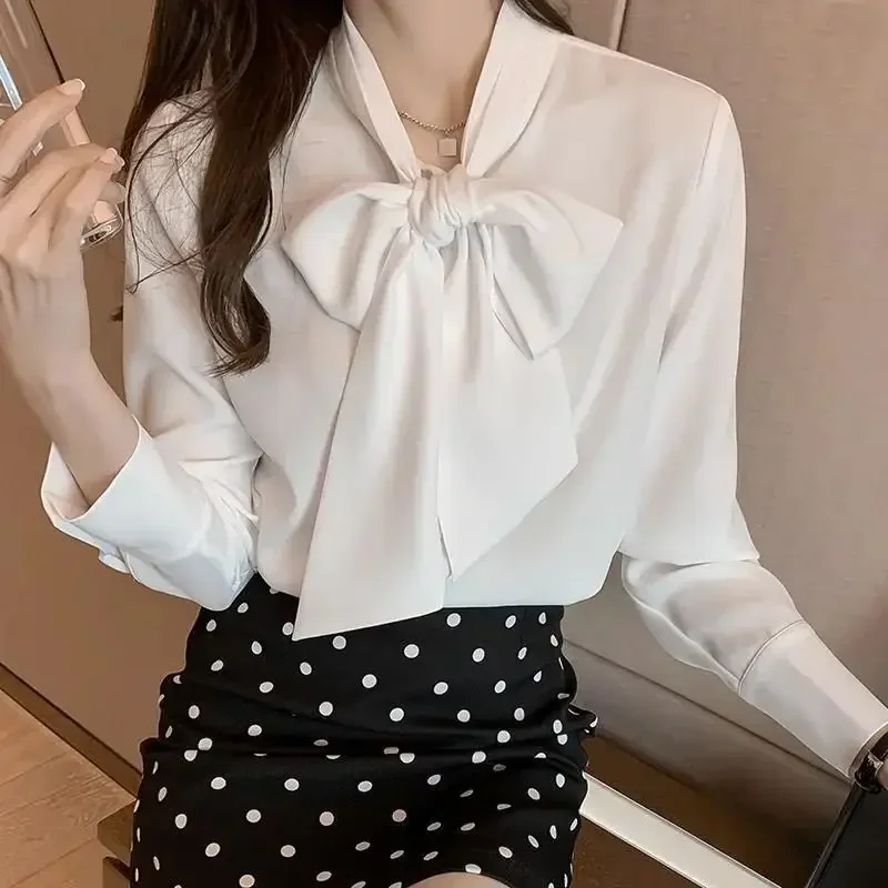 

Spring Autumn Simple Office Lady Blouse Female Shirt Bow Tops Long Sleeve Casual Korean OL Style Loose Blouses Women