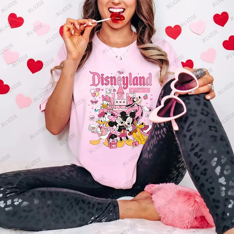 

MINISO Cartoon Disneyland Mickey And Friends Printed Women's Cotton T-Shirt Summer Short Sleeve O-neck Tees Casual Oversize Tops