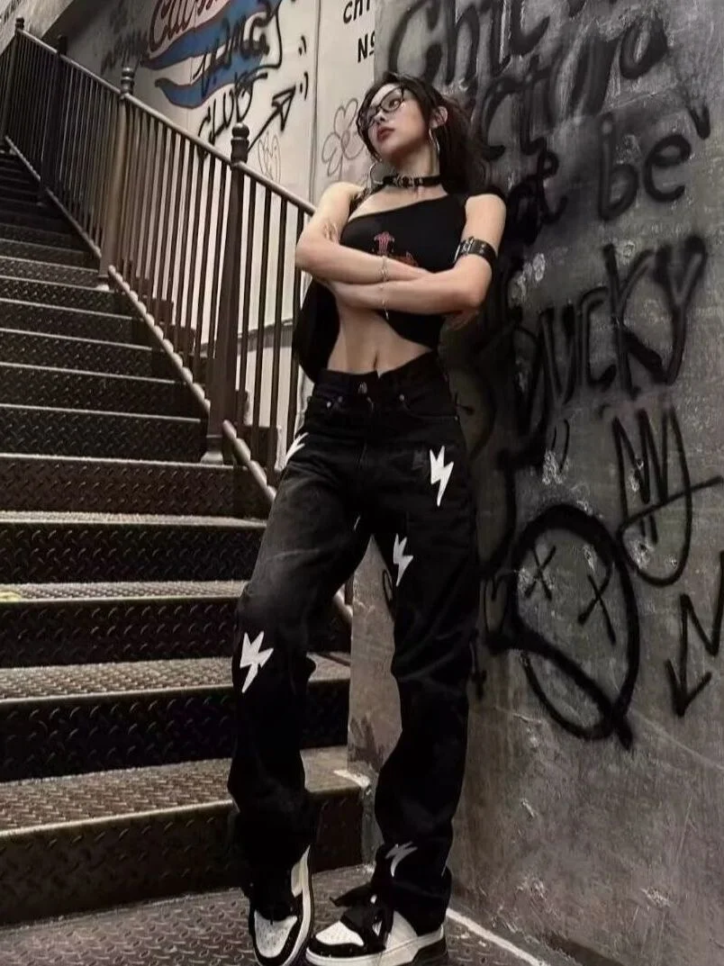 

plus Size Lightning Jeans Men's Loose Straight Leg Jeans Spring Autumn Hong Kong Sle High Street Retro Blue Denim Pants