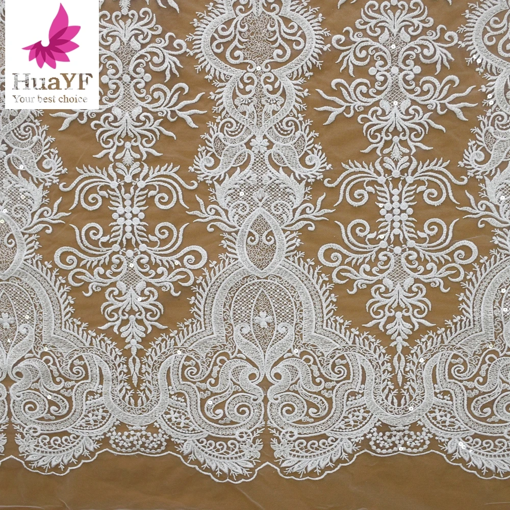 New High Quliaty Beautiful Bridal White Lace Fabric Special Disign, Beaded Wedding Dress Lace Fabric 1 Yard HY1533