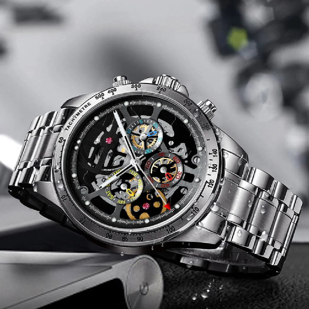 Luxury Brand Skeleton Mechanical Men Watches HAIQIN DESIGN Stainless Steel Automatic Watches For Men pagani design Reloj hombres