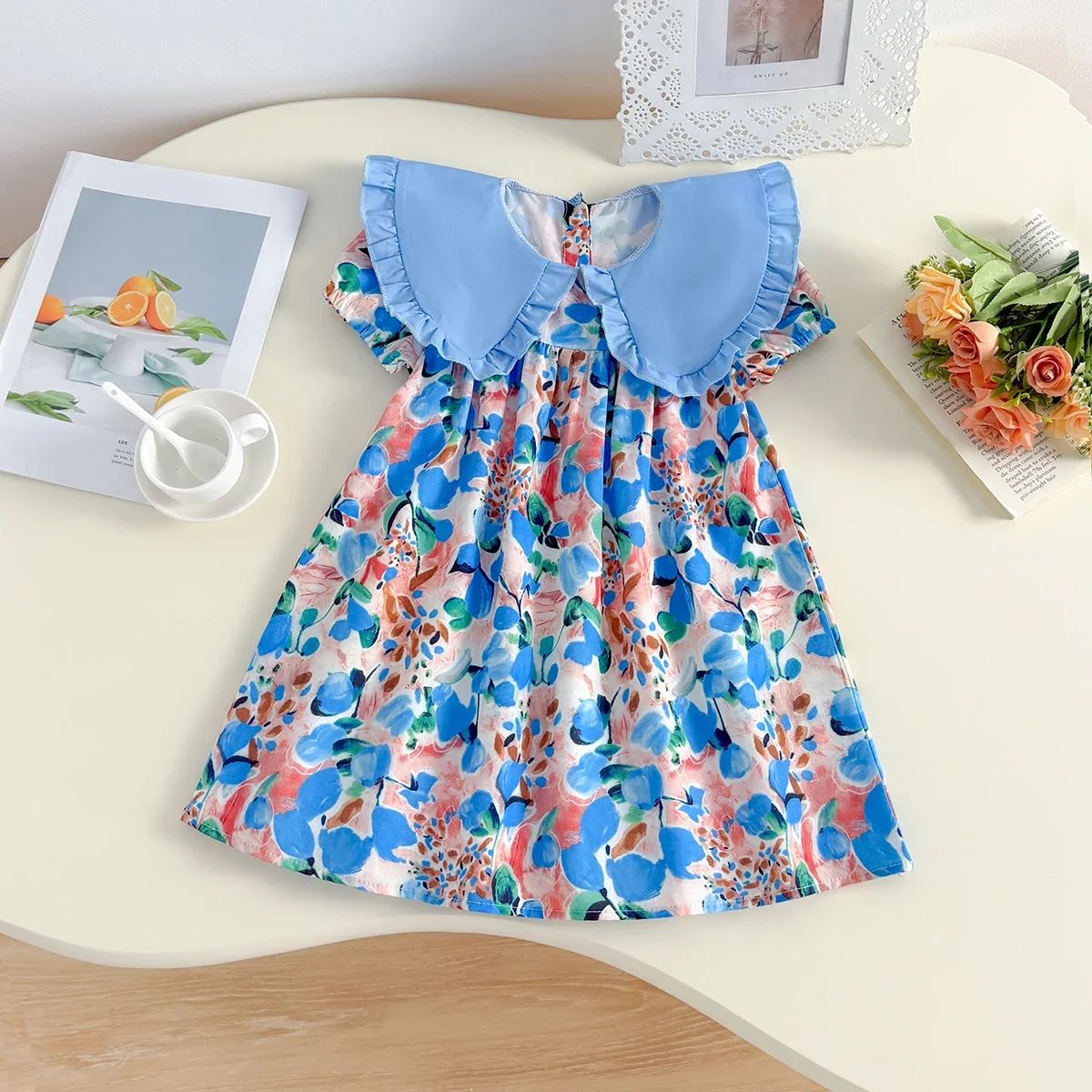 Mädchen Freizeitkleider Blumenmuster Revers Kurzarmkleid Kinderkleidung Blumenmädchenkleider Prinzessin Kleid für Mädchen