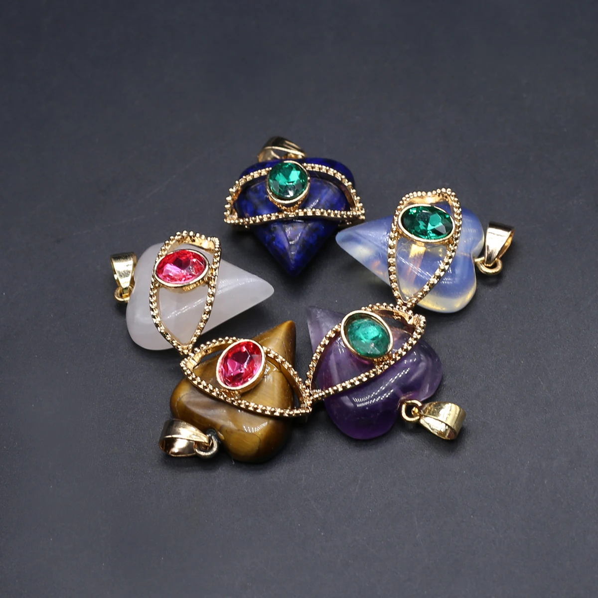 6PCS Fashion Heart Shaped Semi Precious Stone Inlaid Rhinestone Devil's Eye Pendant with Exquisite Jewelry DIY Accessories