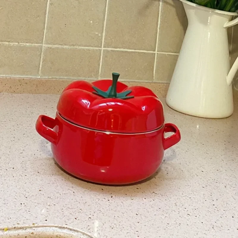 Cacerola esmaltada de porcelana, olla de tomate roja para cocinar fideos, Cocina de Inducción aplicable, olla para sopa, utensilios de cocina de 1,7l y 2,5l