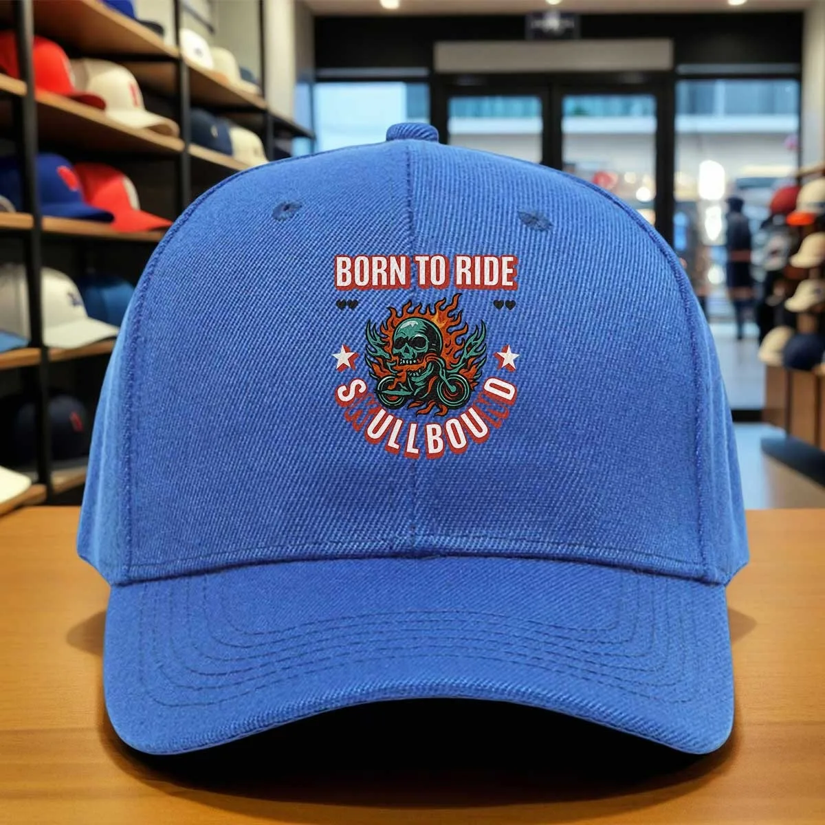 Born to Ride Skull Bound Motorcycle Skull Print Baseball Cap, Flame Emblem Hat, Adjustable Snapback Biker Cap
