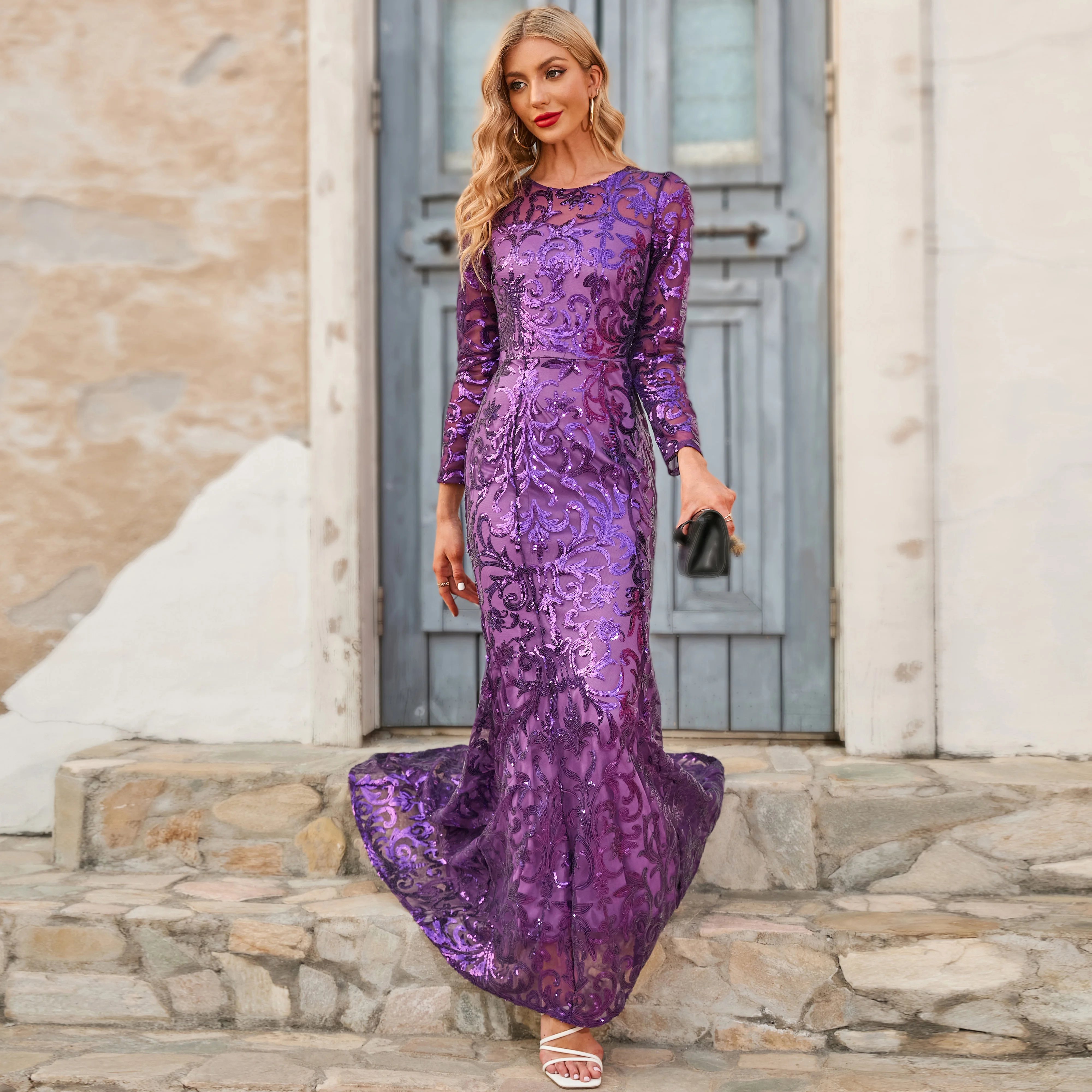 Robe de soirée moulante et Sexy pour femmes, tenue de soirée, de bal, de Club, à bretelles, en soie, avec diamants, violet, printemps et automne