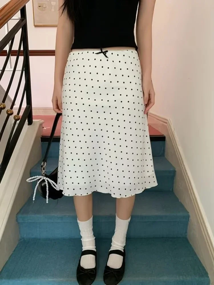 

Vintage Sweet White Polka Dot Women's Skirts Summer Harajuku Grunge Bow Mujer Faldas Y2k Aesthetic Casual Fairy A-line Skirt