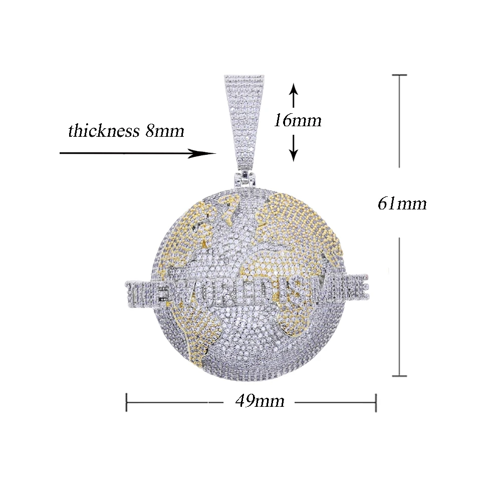 New Iced Out Bling Letters The World Is Mine Pendant Necklace Two Tone Color Zircon Map Charm Men's Hip Hop Jewelry
