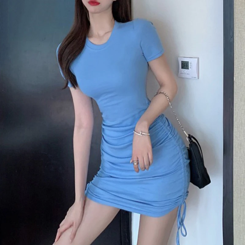 Vintage Drawstring Club Party Bodycon Dress 2023 Fashion Cotton Blue Slim Sexy Dress Women Casual Mini Dress Women Vestido 11904