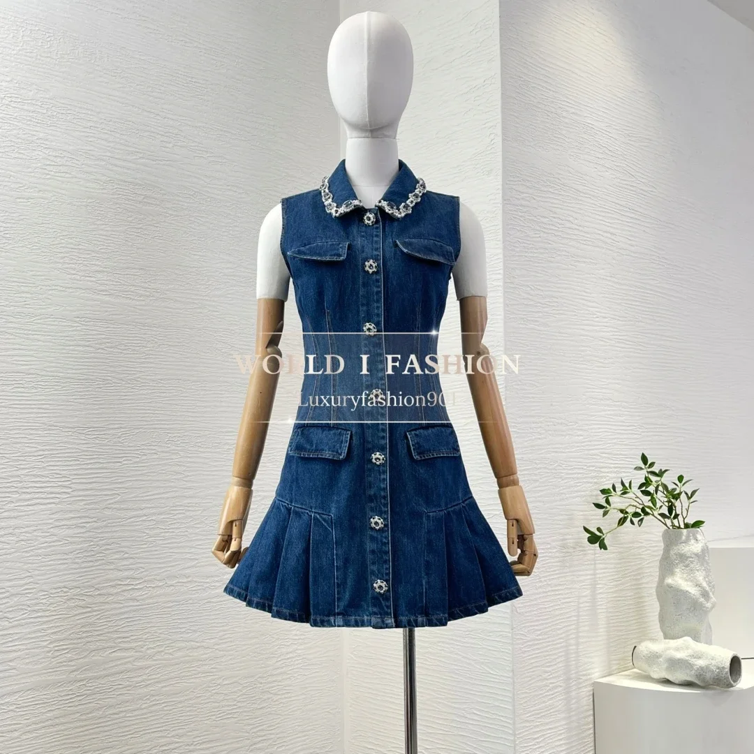 2025 New Beautiful Blue Jeans Denim Sleeveless Diamonds Pleat Hem Mini Dress