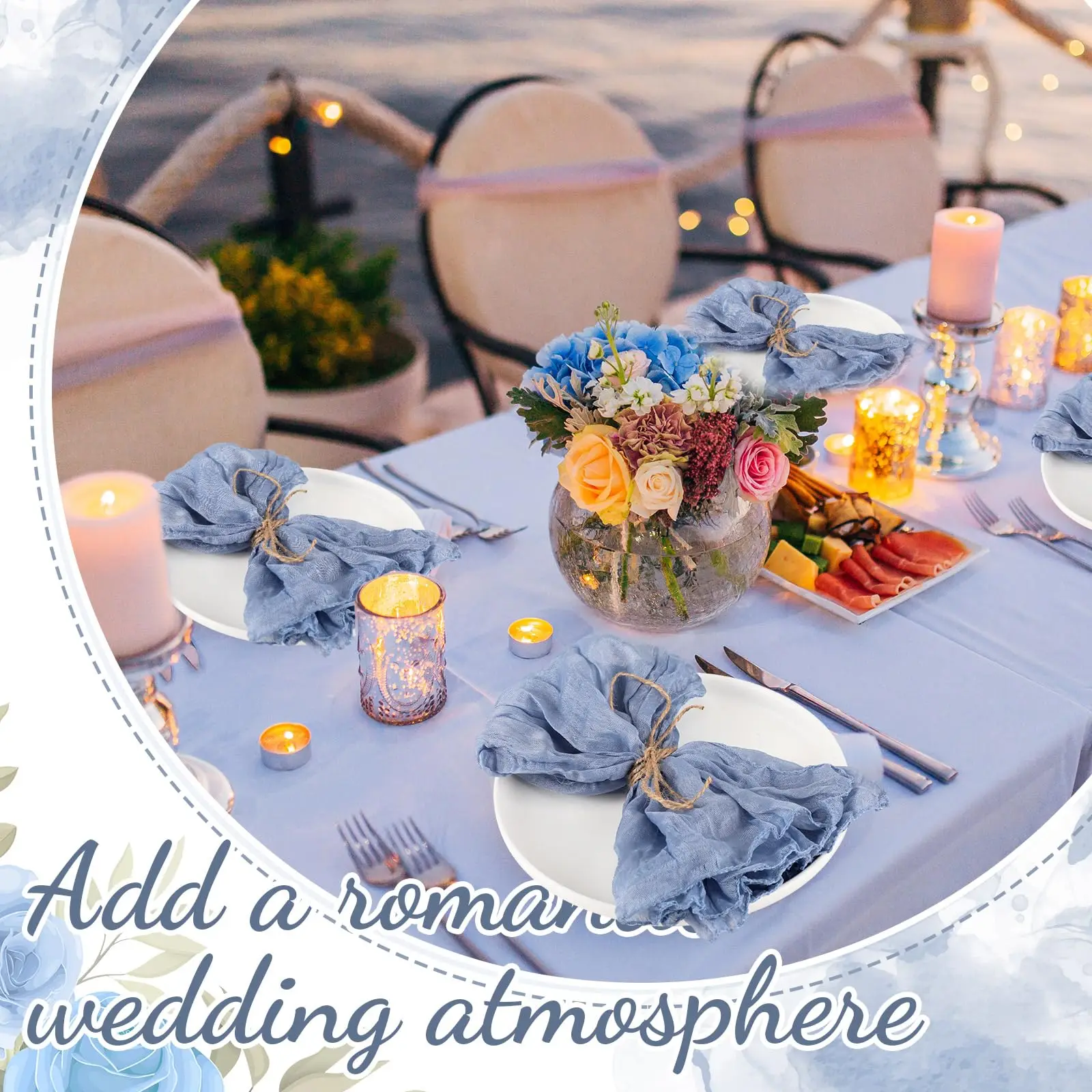 24-96Pcs Dusty Blue Wedding Napkins Party Gauze Napkins Fringe Rustic Dinner Napkins Cheesecloth  (20 x 20 Inch)