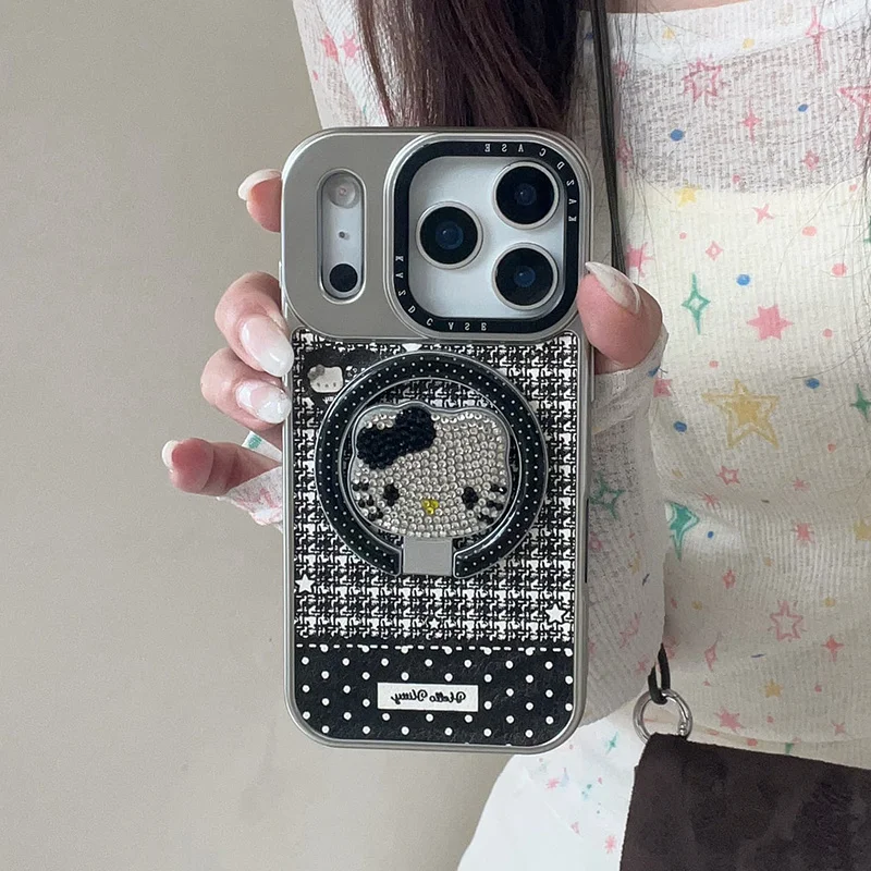 

Luxury Plating Silver Leather Hellokitty Magnetic Phone Case For iPhone 17 Pro 16 14 15 Pro Max Cover with Diamond Kitty Stand C