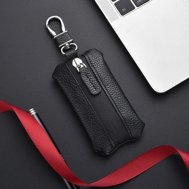 Car Keychain Black Business Car Zipper Fashion Genuine Leather Unisex Universal Key Case Protector，Genuine Leather Small Key Wal