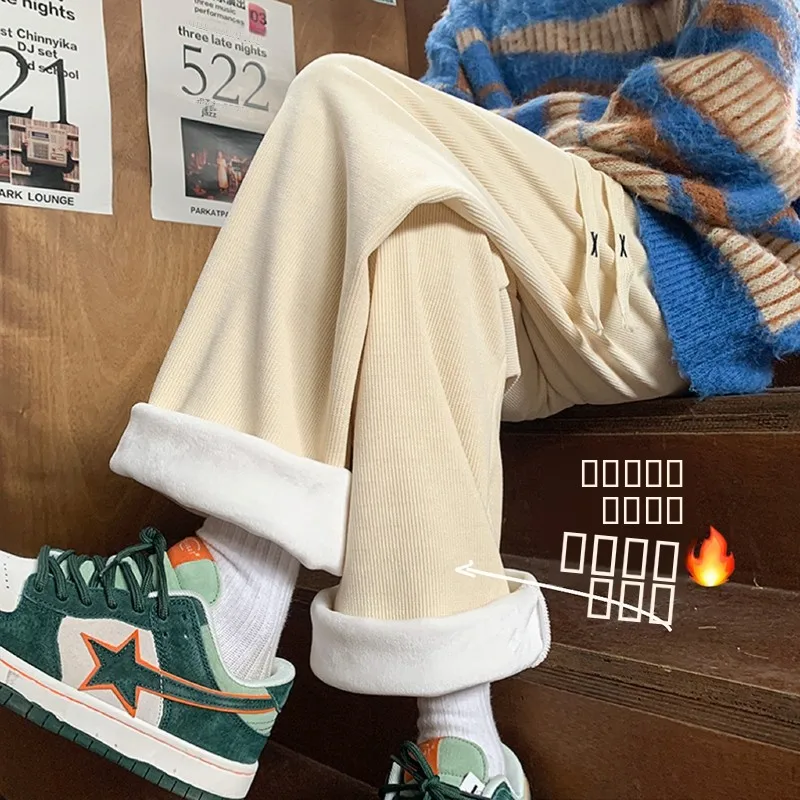 

Men's Fce Lined Thi Straight Leg Casual Pants Winter Loose Wide Leg Trousers Faionable Comfortable Youthful Sle