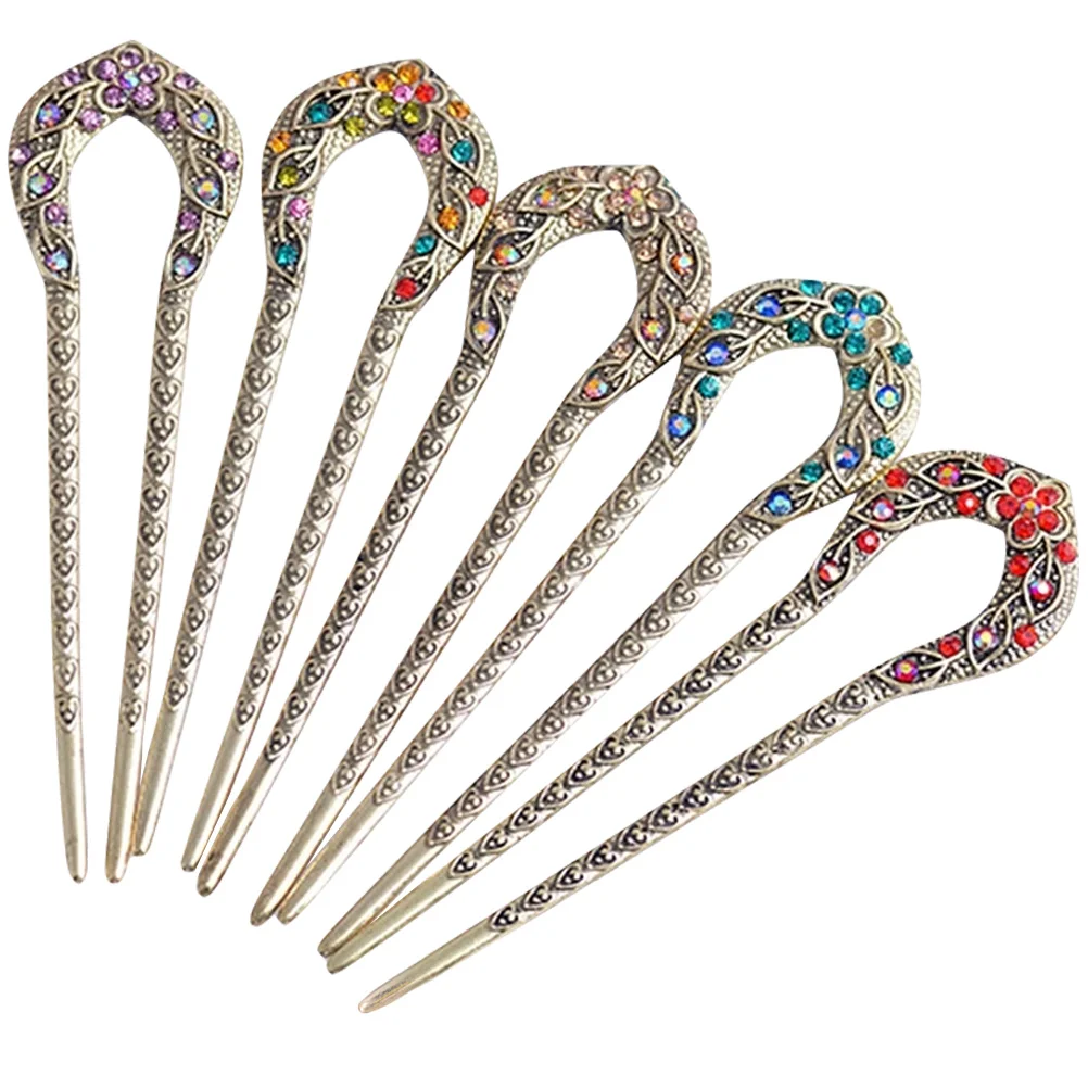 5 Pcs Vintage Rhinestone Hairpin French Large Stick Pins for Styling Sticks Buns Chinese Accessories Long