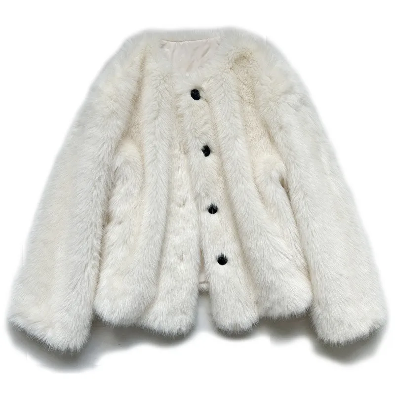 معطف فرو مختلط جديد للنساء برقبة دائرية وأزرار فروي #5