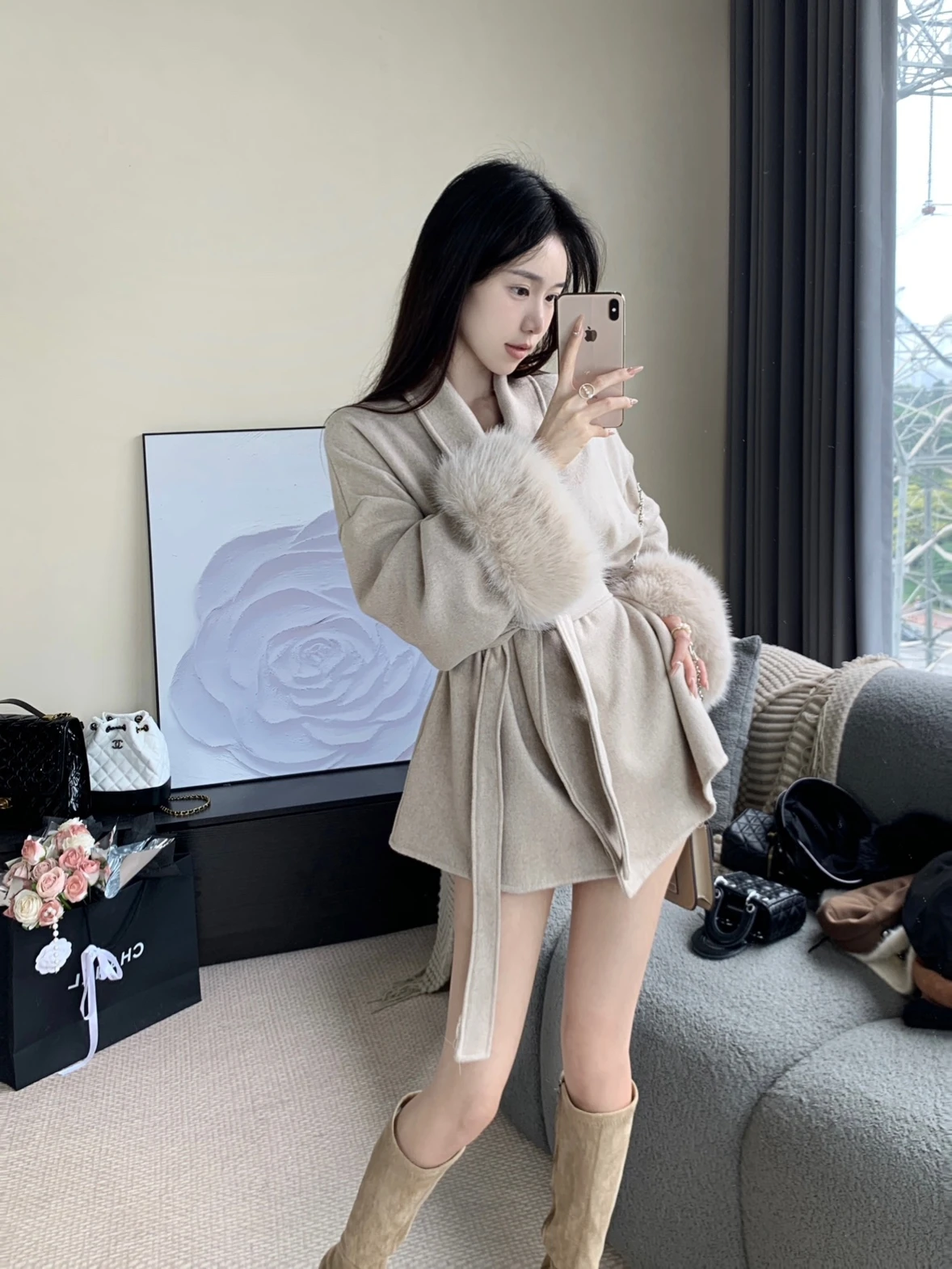

Ele Autumn Winter Woolen Coat with Fur Collar And Cuff Gentle Ladylike Sle Commute Faion plus Size Innerwear