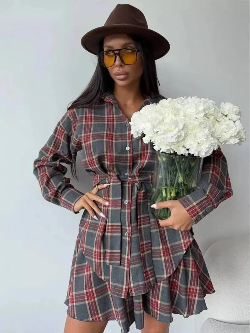 

Fashion Loose Plaid 2 Piece Sets Women Outfit 2025 Elegant Long Sleeve Shirt With High Waist Mini Skirt Set Female