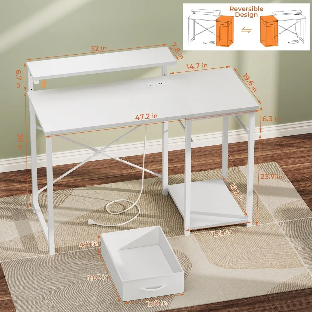 Escritorio con soporte para monitor ajustable, escritorio de oficina compacto 47,2 con estantes reversibles y amplio espacio de trabajo