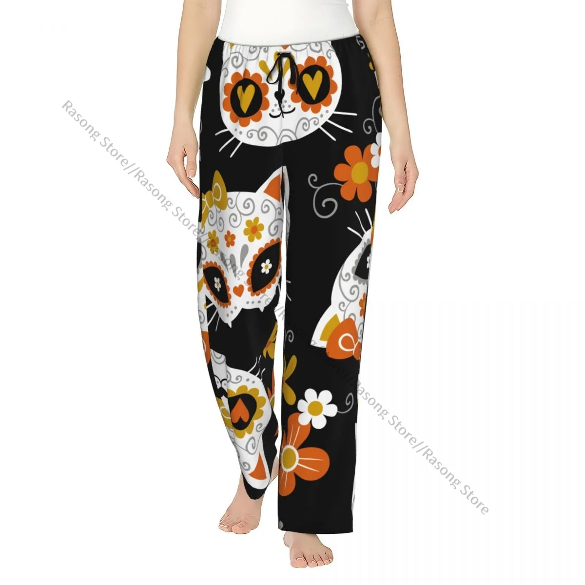 

Women Flannel Lounge Pants Soft Cute Cat Sugar Skulls And Flowers Pajama Pants Winter Sleepwear