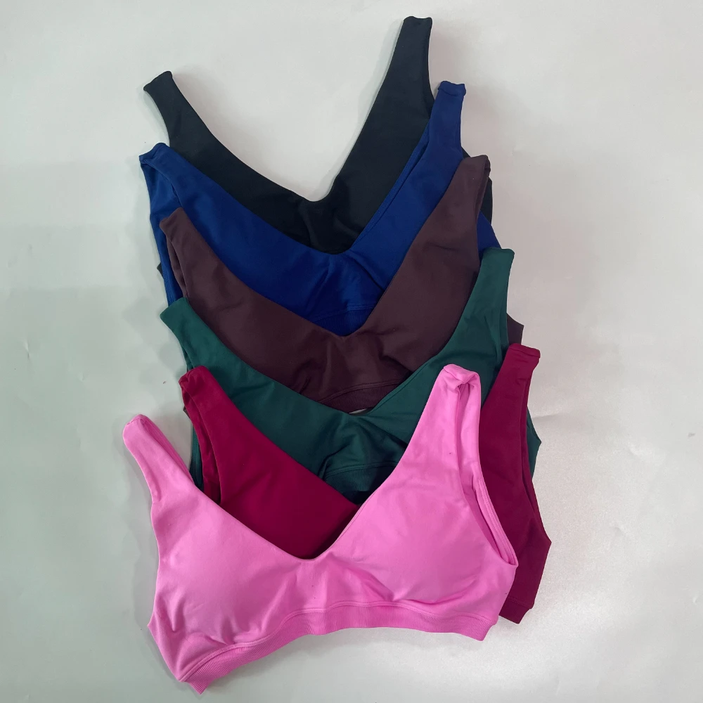 Damen Sport-BH mit rückenfreiem V-Ausschnitt, nahtloses Gym-Top, Workout-Yoga-Crop-Tanktop mit herausnehmbaren Polstern, hochelastischer Push-Up-BH – Detail 7