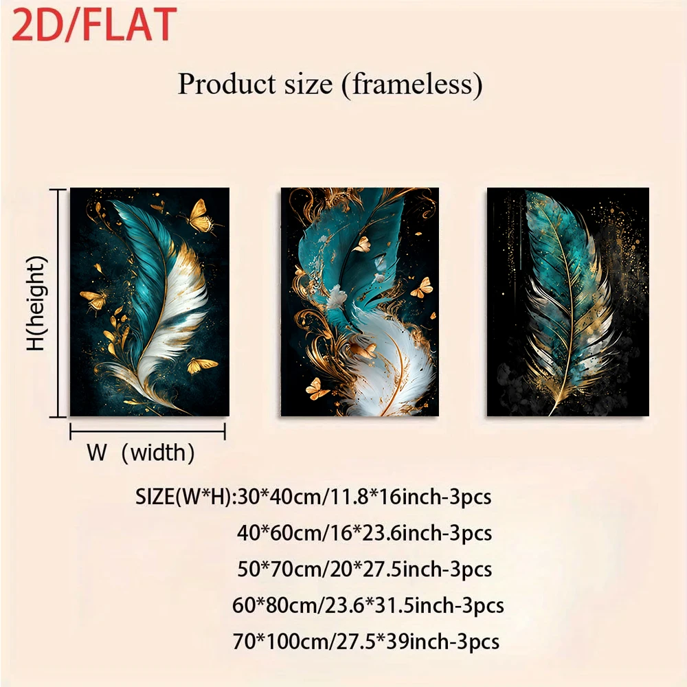 1 set of modern, light luxury feather triptych frameless peacock blue feather butterfly decorative paintings (2D flat)
