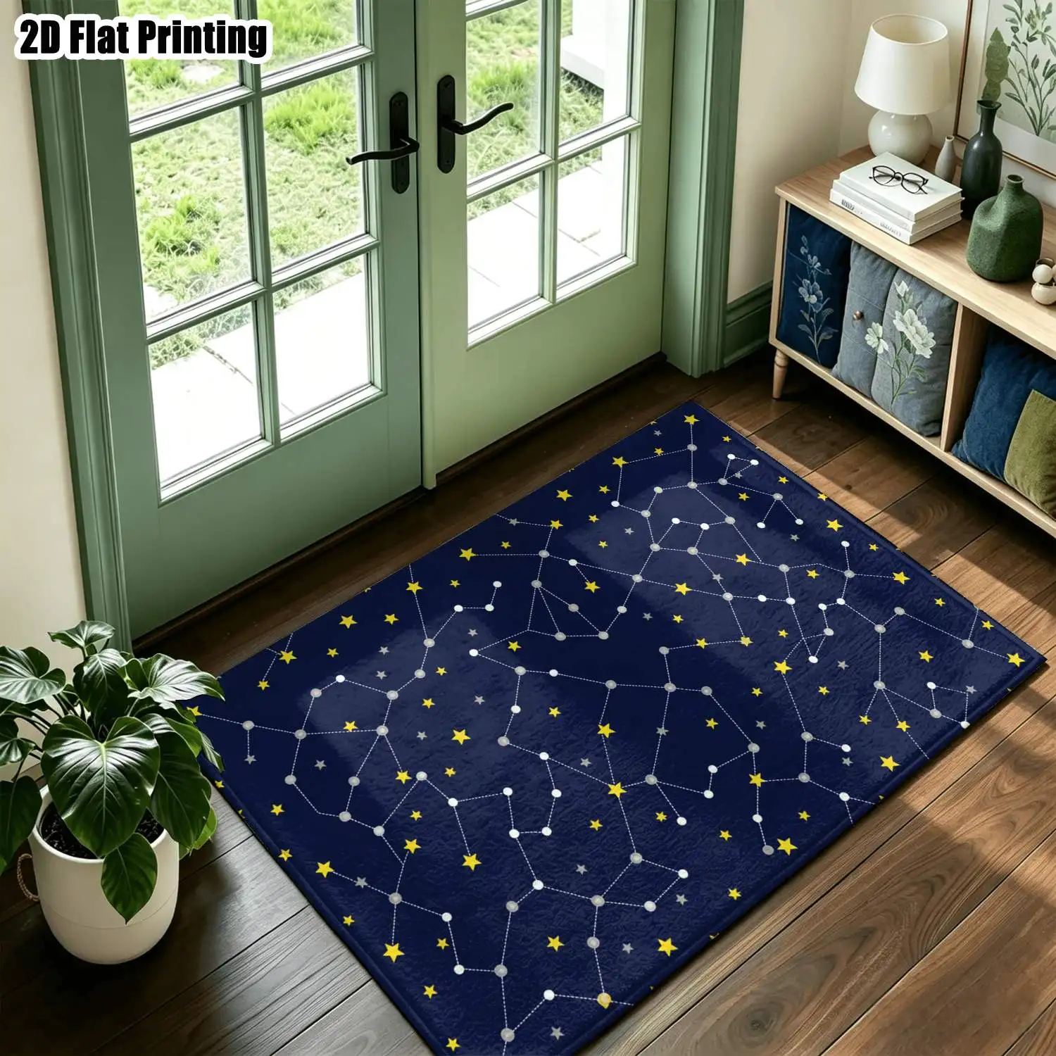 1Pc 2D Printed Navy Blue Starry Sky Constellation Nordic/Instagram Style Carpet, Machine Washable, Multi-Size, Suitable for Home Decor in Various Scenes