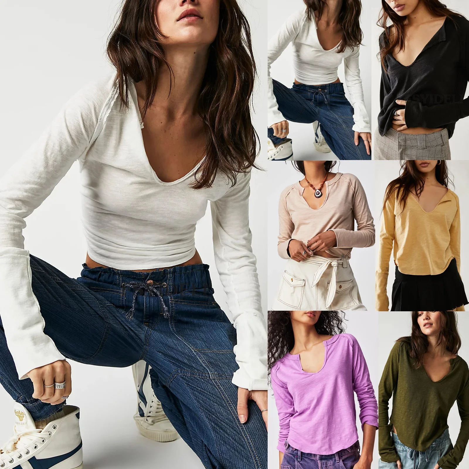 

2024 autumn winter new multi-color long sleeved T-shirt casual loose irregular top for women