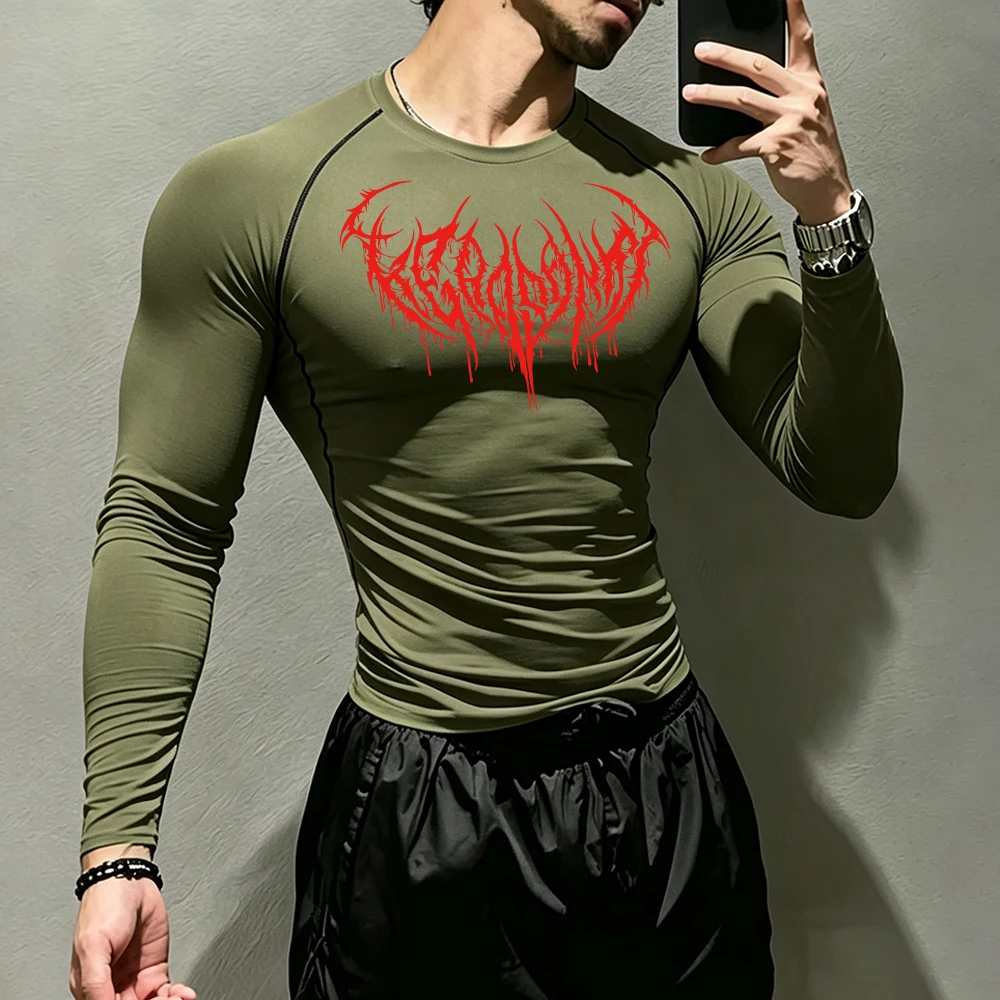 Herren Langarm-Kompressions-Oberteil mit gotischem Dornen-Print, schnelltrocknend, elastisch, atmungsaktiv, T-Shirt für tägliches Workout, Laufen und Aktivsport. – Detail 3