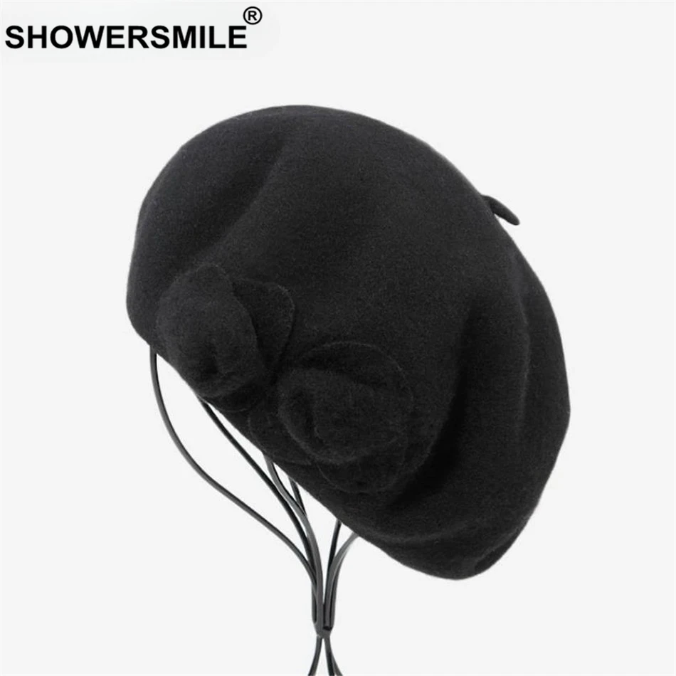 

Черный шерстяной берет, французская зимняя шапка-бини для женщин, красная кепка с цветком, женские береты, шляпа художника, зеленая