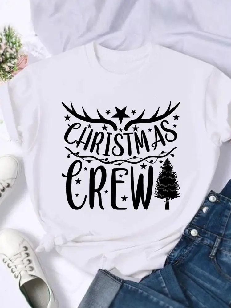 Women Holiday Shirt Clothing Print T Top Merry Christmas Deer Face Cartoon Cute New Year Graphic T Tee Fashion 2025T-shirts