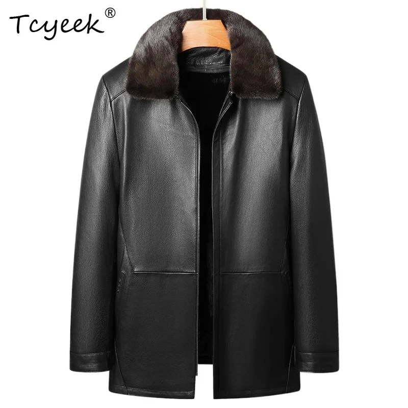 

Tcyeek Goatskin Detachable Whole Mink Inner Liner Autumn Winter Lapel Black Men's Genuine Leather Jacket Куртка Кожаная Мужская