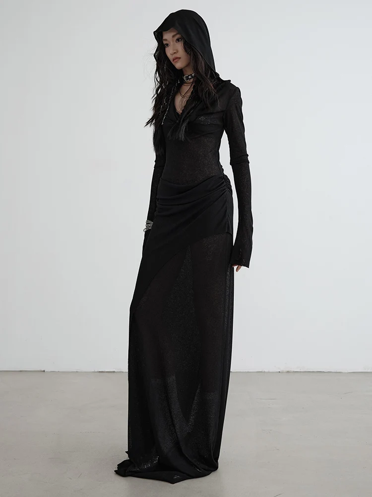 فستان نسائي أنيق بأغطية رأس وحياكة ، فستان منظور رفيع ، أكمام طويلة ، أسود ، موضة المد والجزر ، الربيع ، الخريف ، جديد ، 1DH7218 #4